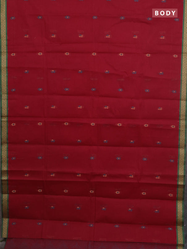 Nithyam cotton saree deep maroon and green with thread woven buttas and thread woven border