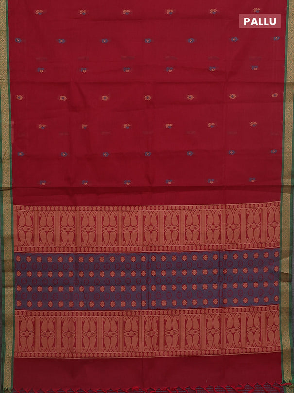 Nithyam cotton saree deep maroon and green with thread woven buttas and thread woven border