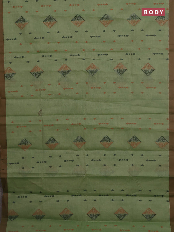 Nithyam cotton saree elaichi green and brown with thread woven geometric buttas and simple border