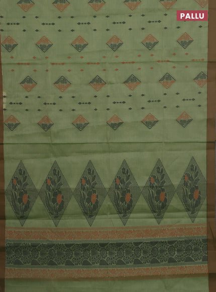 Nithyam cotton saree elaichi green and brown with thread woven geometric buttas and simple border