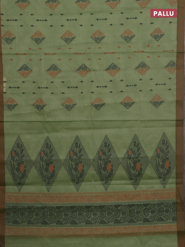 Nithyam cotton saree elaichi green and brown with thread woven geometric buttas and simple border