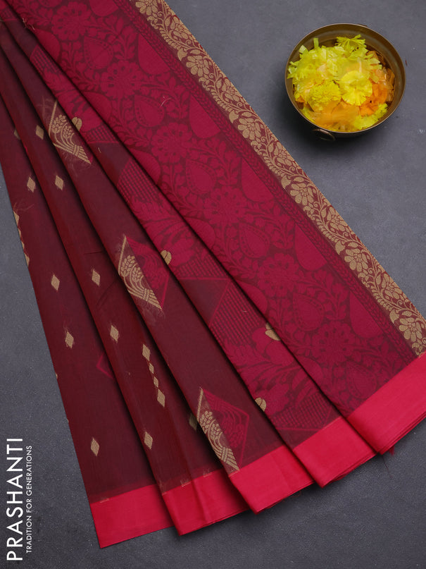 Nithyam cotton saree deep maroon and pink with thread woven geometric buttas and simple border