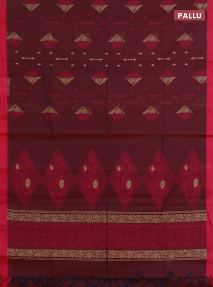 Nithyam cotton saree deep maroon and pink with thread woven geometric buttas and simple border