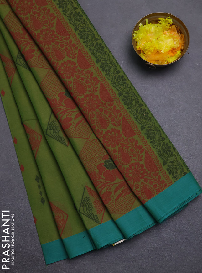 Nithyam cotton saree green and teal green with thread woven geometric buttas and simple border