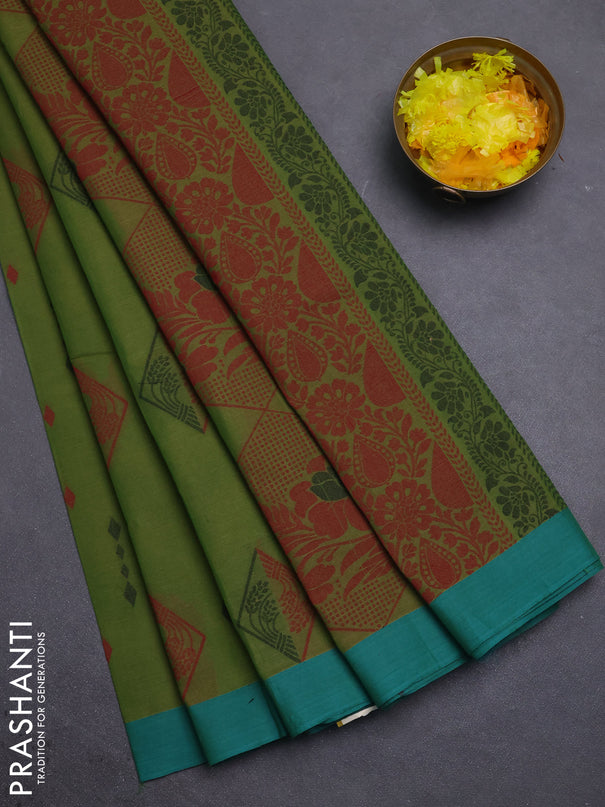 Nithyam cotton saree green and teal green with thread woven geometric buttas and simple border