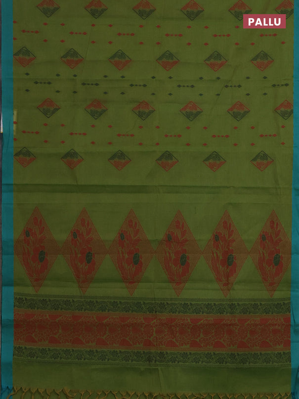 Nithyam cotton saree green and teal green with thread woven geometric buttas and simple border