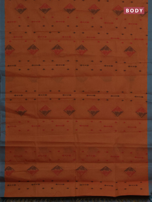 Nithyam cotton saree rust shade and teal green with thread woven geometric buttas and simple border