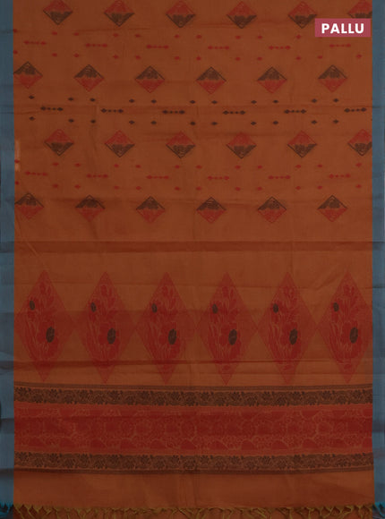 Nithyam cotton saree rust shade and teal green with thread woven geometric buttas and simple border