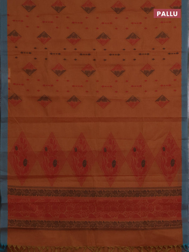 Nithyam cotton saree rust shade and teal green with thread woven geometric buttas and simple border