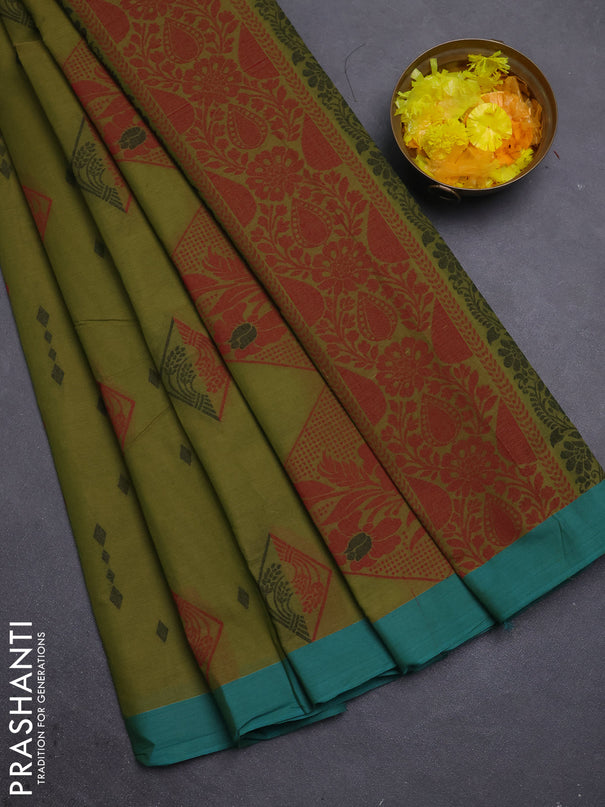 Nithyam cotton saree mehendi green and teal green with thread woven geometric buttas and simple border