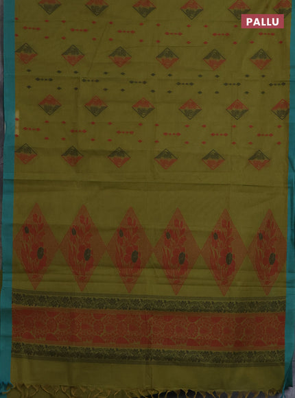 Nithyam cotton saree mehendi green and teal green with thread woven geometric buttas and simple border
