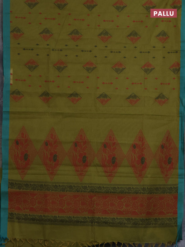 Nithyam cotton saree mehendi green and teal green with thread woven geometric buttas and simple border