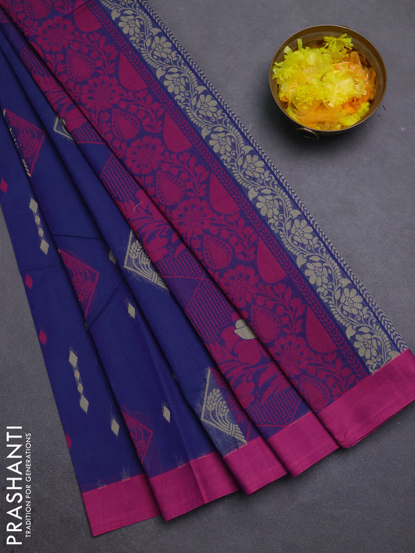 Nithyam cotton saree navy blue and pink with thread woven geometric buttas and simple border