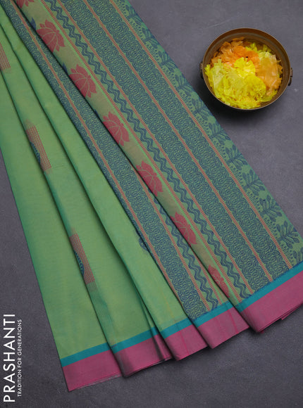 Nithyam cotton saree dual shade teal green and pink with thread woven buttas and simple border