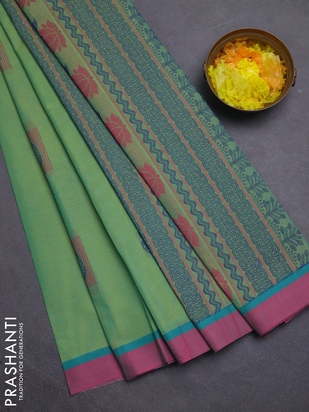 Nithyam cotton saree dual shade teal green and pink with thread woven buttas and simple border