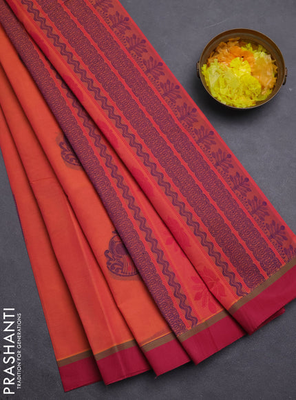 Nithyam cotton saree pinkish orange and maroon with thread woven buttas and simple border