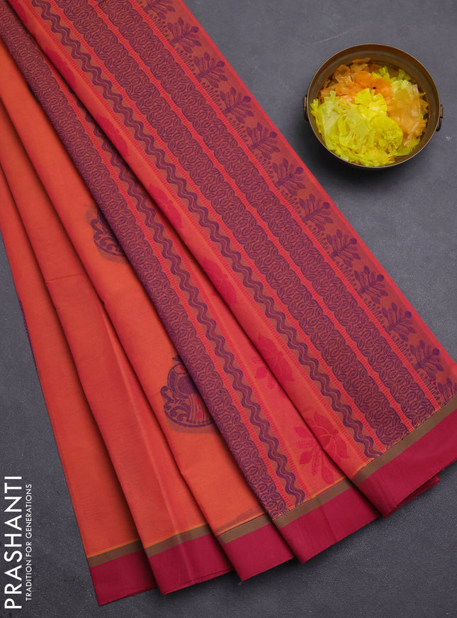 Nithyam cotton saree pinkish orange and maroon with thread woven buttas and simple border