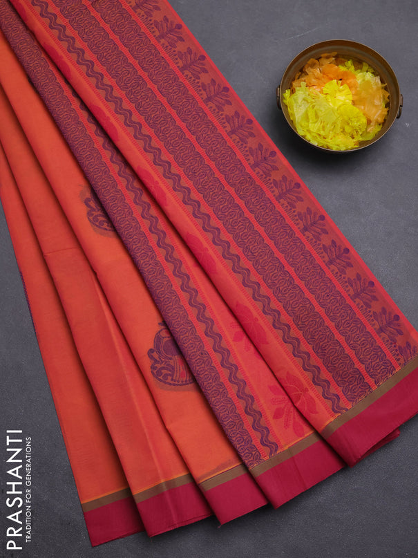 Nithyam cotton saree pinkish orange and maroon with thread woven buttas and simple border