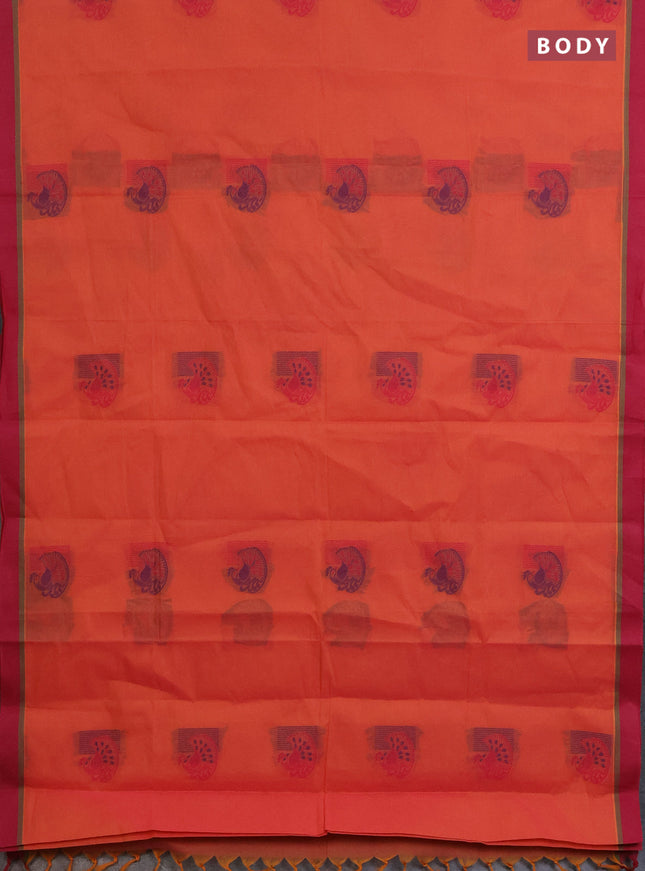 Nithyam cotton saree pinkish orange and maroon with thread woven buttas and simple border