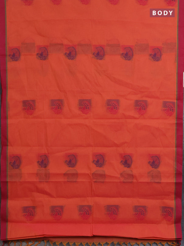 Nithyam cotton saree pinkish orange and maroon with thread woven buttas and simple border