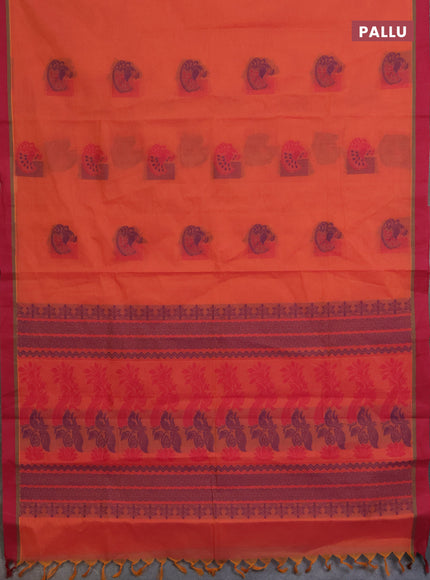 Nithyam cotton saree pinkish orange and maroon with thread woven buttas and simple border