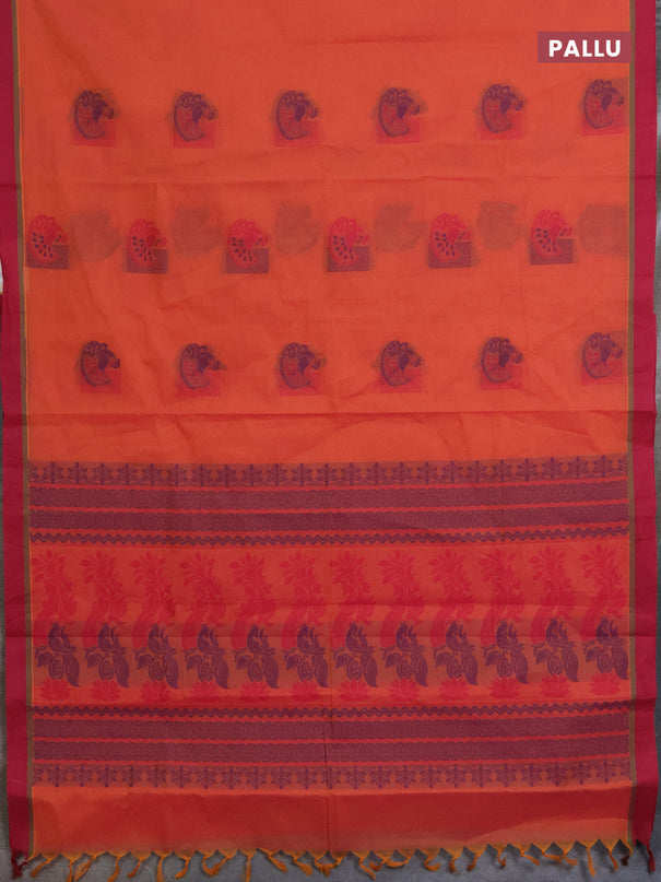 Nithyam cotton saree pinkish orange and maroon with thread woven buttas and simple border