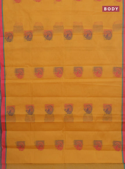 Nithyam cotton saree mustard yellow and pink with thread woven buttas and simple border