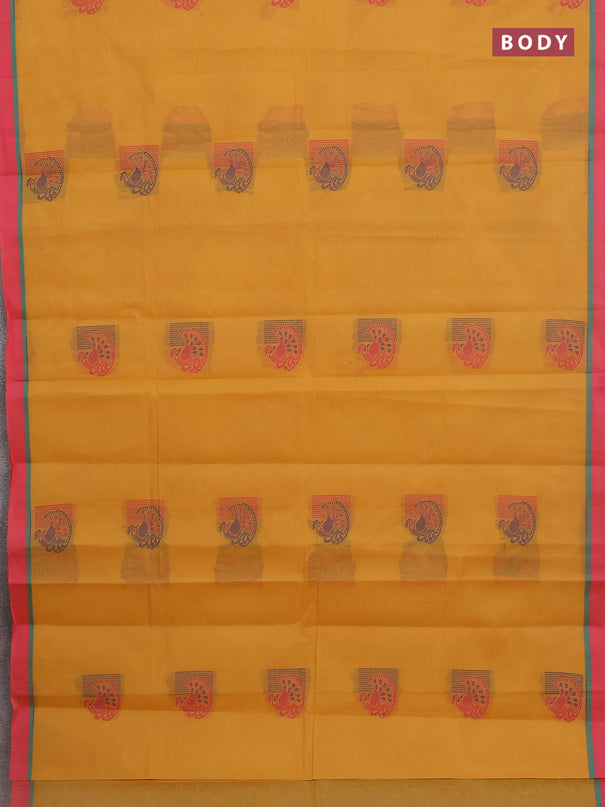 Nithyam cotton saree mustard yellow and pink with thread woven buttas and simple border