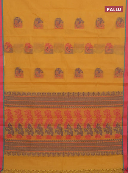 Nithyam cotton saree mustard yellow and pink with thread woven buttas and simple border