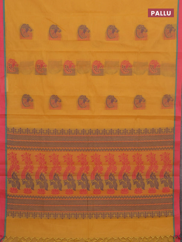 Nithyam cotton saree mustard yellow and pink with thread woven buttas and simple border