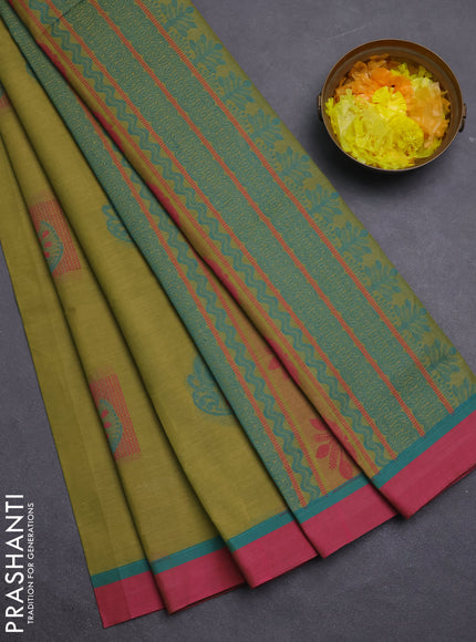 Nithyam cotton saree elaichi green and pink with thread woven buttas and simple border