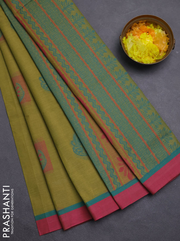 Nithyam cotton saree elaichi green and pink with thread woven buttas and simple border