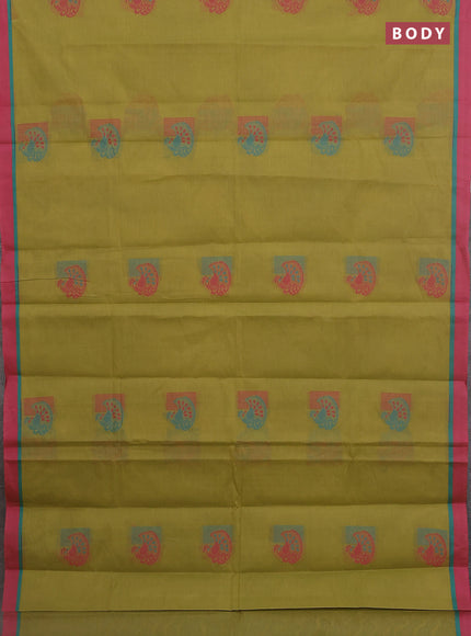 Nithyam cotton saree elaichi green and pink with thread woven buttas and simple border