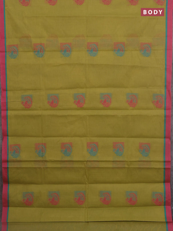 Nithyam cotton saree elaichi green and pink with thread woven buttas and simple border