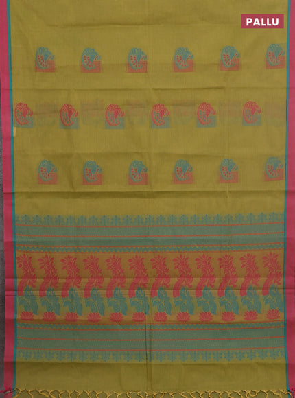 Nithyam cotton saree elaichi green and pink with thread woven buttas and simple border