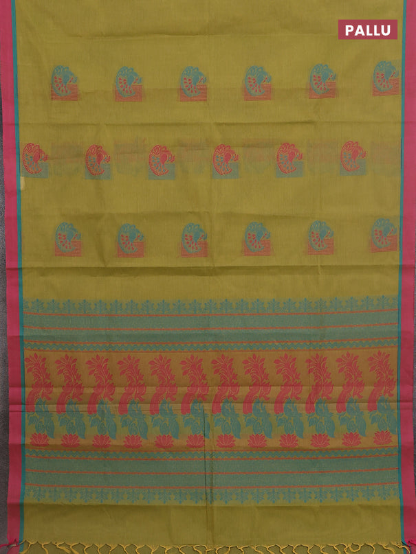 Nithyam cotton saree elaichi green and pink with thread woven buttas and simple border