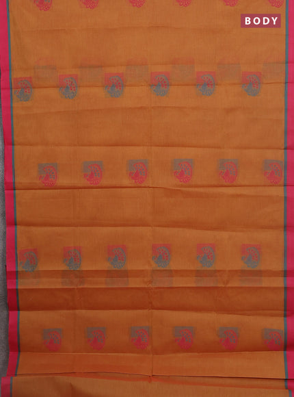 Nithyam cotton saree dark mustard and pink with thread woven buttas and simple border
