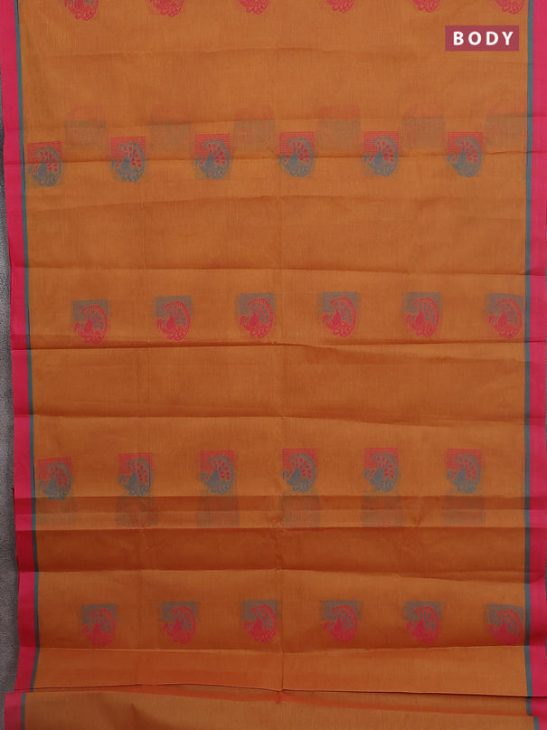 Nithyam cotton saree dark mustard and pink with thread woven buttas and simple border