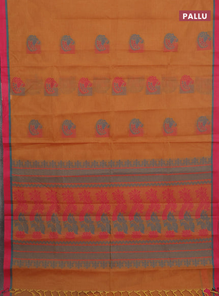Nithyam cotton saree dark mustard and pink with thread woven buttas and simple border