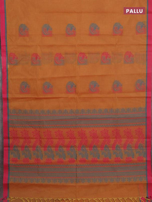 Nithyam cotton saree dark mustard and pink with thread woven buttas and simple border