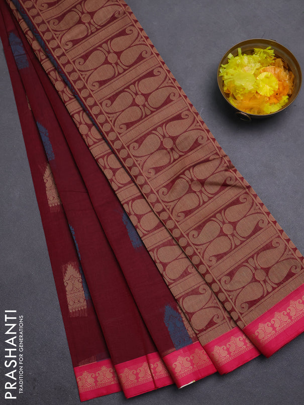 Nithyam cotton saree deep maroon and pink with allover thread woven buttas and paisley thread woven border