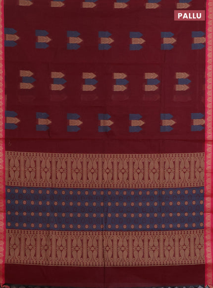 Nithyam cotton saree deep maroon and pink with allover thread woven buttas and paisley thread woven border