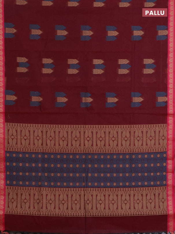Nithyam cotton saree deep maroon and pink with allover thread woven buttas and paisley thread woven border