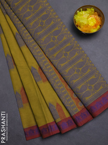 Nithyam cotton saree mustard green and maroon with allover thread woven buttas and paisley thread woven border