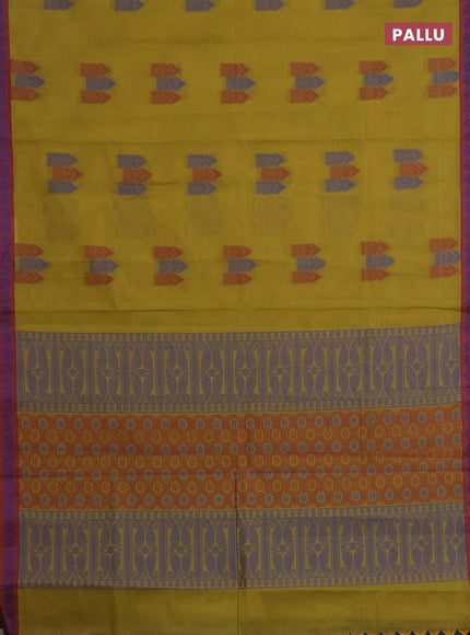 Nithyam cotton saree mustard green and maroon with allover thread woven buttas and paisley thread woven border