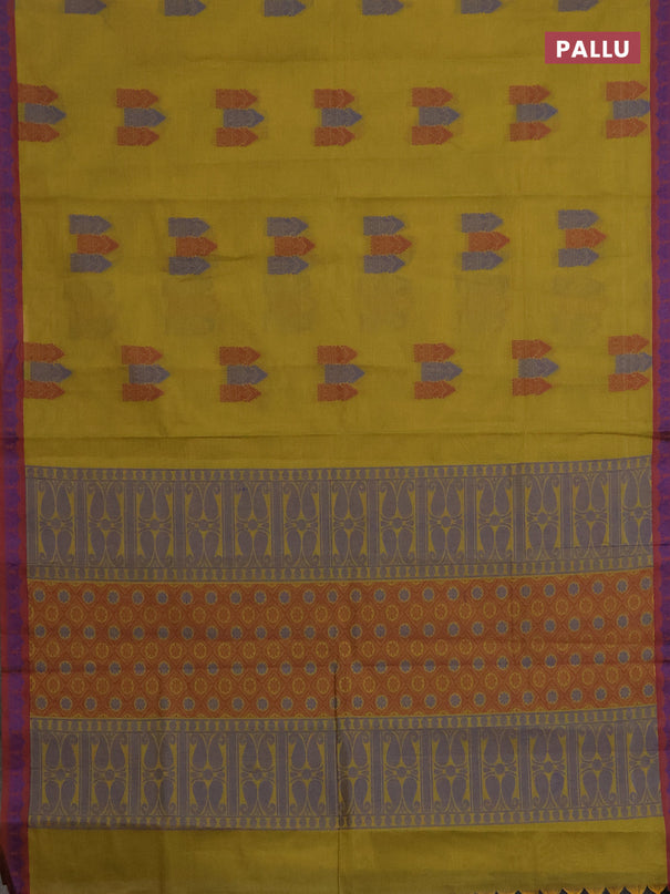 Nithyam cotton saree mustard green and maroon with allover thread woven buttas and paisley thread woven border
