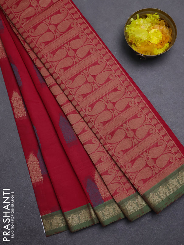 Nithyam cotton saree reddish pink and green with allover thread woven buttas and paisley thread woven border