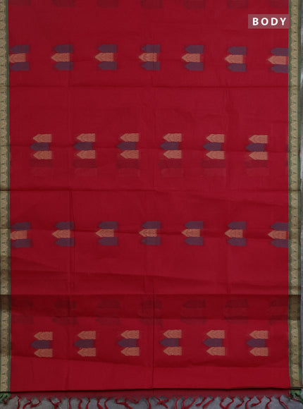 Nithyam cotton saree reddish pink and green with allover thread woven buttas and paisley thread woven border