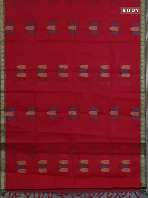 Nithyam cotton saree reddish pink and green with allover thread woven buttas and paisley thread woven border