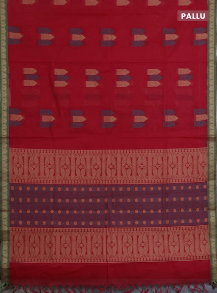 Nithyam cotton saree reddish pink and green with allover thread woven buttas and paisley thread woven border